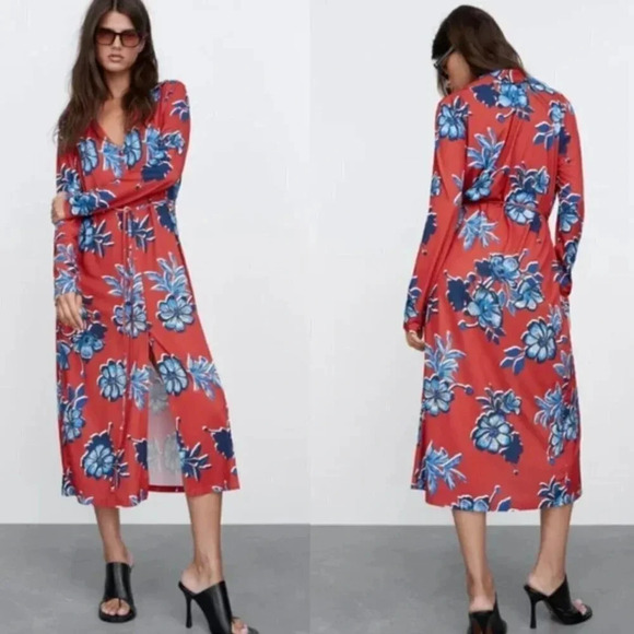 NWT Zara Midi Shirt Dress Red Blue Floral Long Sleeve Size Small - Picture 1 of 10